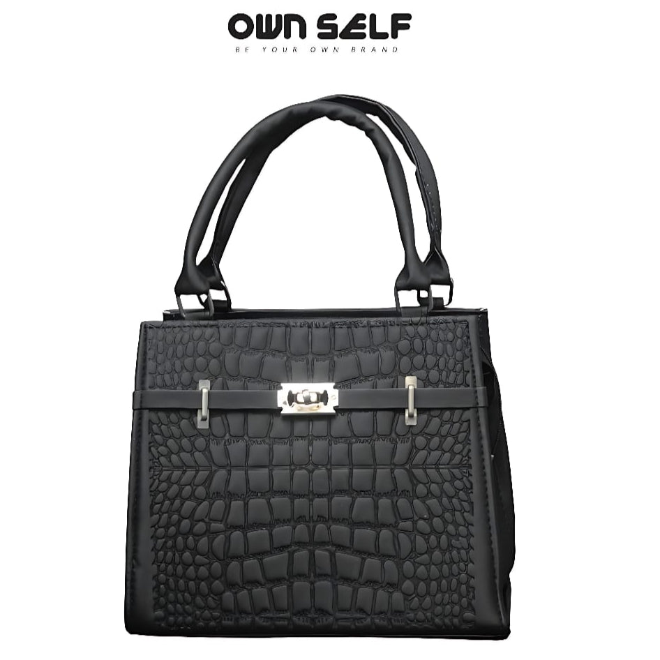 Black handbag with a silver clasp on a white background, featuring the brand 'OWN SELF'.